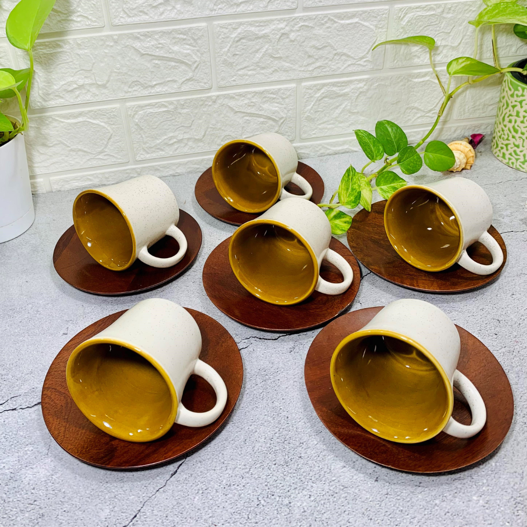 Homefrills Premium Studio Pottery White Ceramic Coffee Cups/Tea Cups with Wooden Saucer,Chai Cup and Saucer Set (Microwave & Dishwasher Safe) Suitable for Coffee, Tea, Juice, Cappuccino, etc.